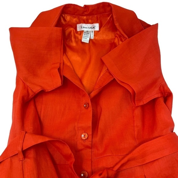 Lino USA Red Linen V-Neck Button Down Short Sleeve Belted Midi Shirt Dress Sz S - Picture 9 of 16
